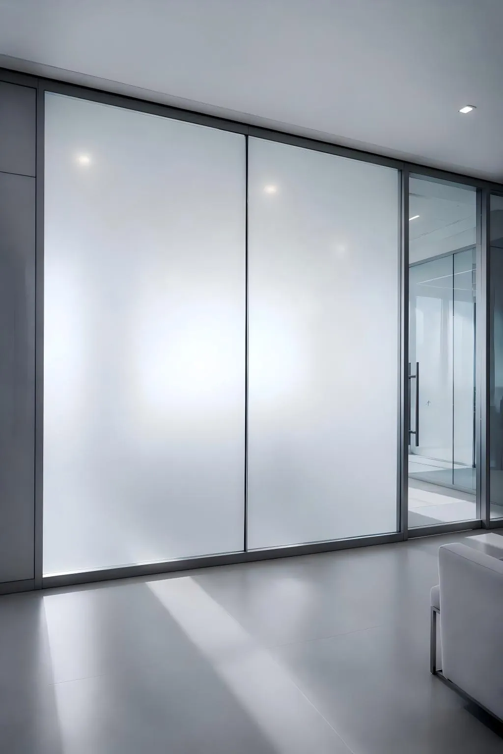 PDLC smart film OFF state — frosted privacy glass wall